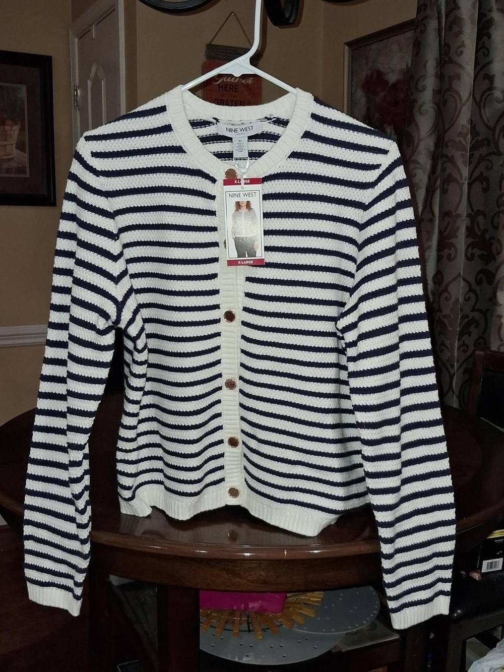 Nine West Navy & White Striped Button-Front Cardigan Sweater